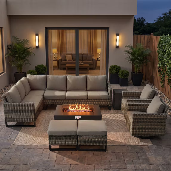 POCASSY Outdoor Patio Furniture Set with Fire Pit Table, All-Weather Wicker Sectional Sofa Set with Swivel Rockers, L-Shaped Conversation Set with Propane Fire Pit and Tank Side Table for Deck