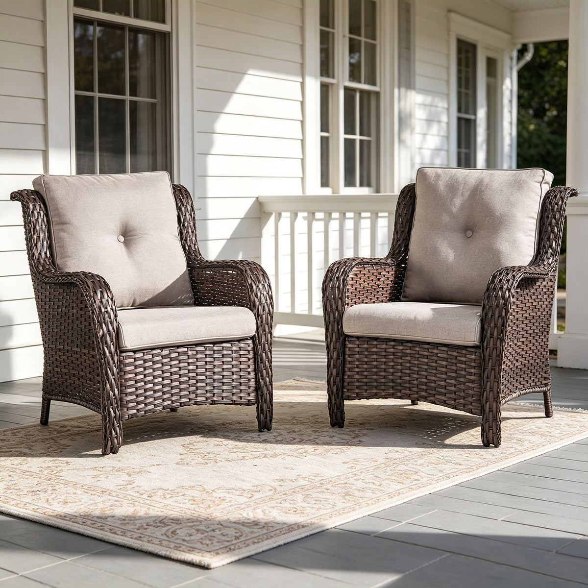 POCASSY Patio Wicker Chairs Set of 2, All-Weather Wicker Patio Furniture Chairs Set Rattan High-Back Outdoor Armchairs with Cushions