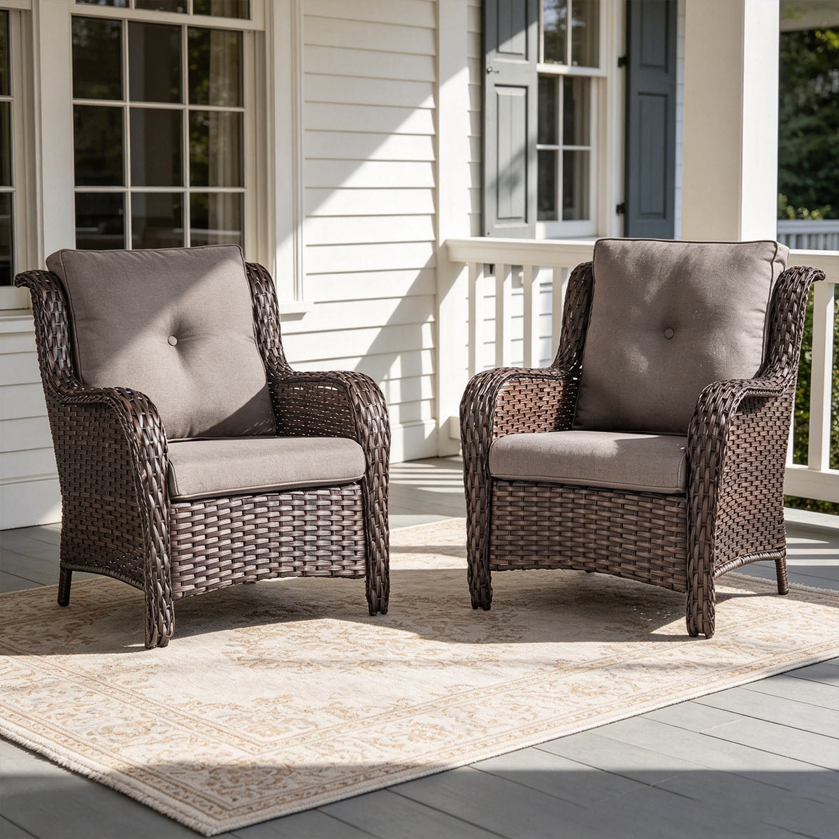 POCASSY Patio Wicker Chairs Set of 2, All-Weather Wicker Patio Furniture Chairs Set Rattan High-Back Outdoor Armchairs with Cushions