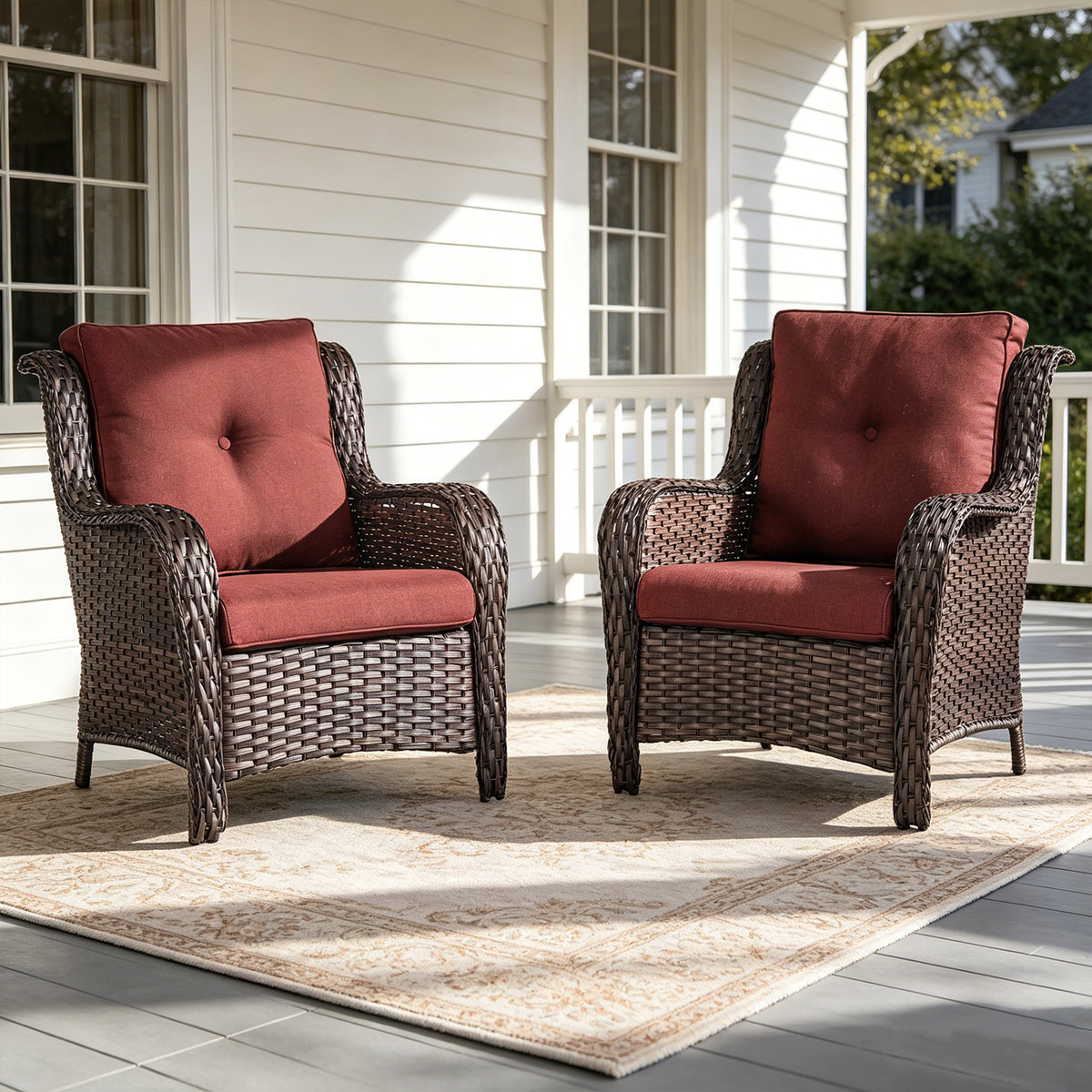 POCASSY Patio Wicker Chairs Set of 2, All-Weather Wicker Patio Furniture Chairs Set Rattan High-Back Outdoor Armchairs with Cushions
