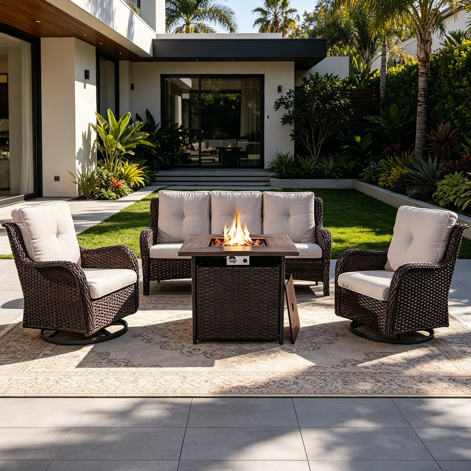 POCASSY 4PCS Patio Furniture Set with Fire Pit Table, Wicker Weather-Resistant Outdoor Conversation Set with Sofa, Swivel Patio Chair and 50000BTU Propane Fire Pit Ideal for Porch Deck