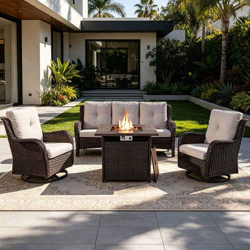 POCASSY 4PCS Patio Furniture Set with Fire Pit Table, Wicker Weather-Resistant Outdoor Conversation Set with Sofa, Swivel Patio Chair and 50000BTU Propane Fire Pit Ideal for Porch Deck