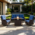 POCASSY 4PCS Patio Furniture Set with Fire Pit Table, Wicker Weather-Resistant Outdoor Conversation Set with Sofa, Swivel Patio Chair and 50000BTU Propane Fire Pit Ideal for Porch Deck
