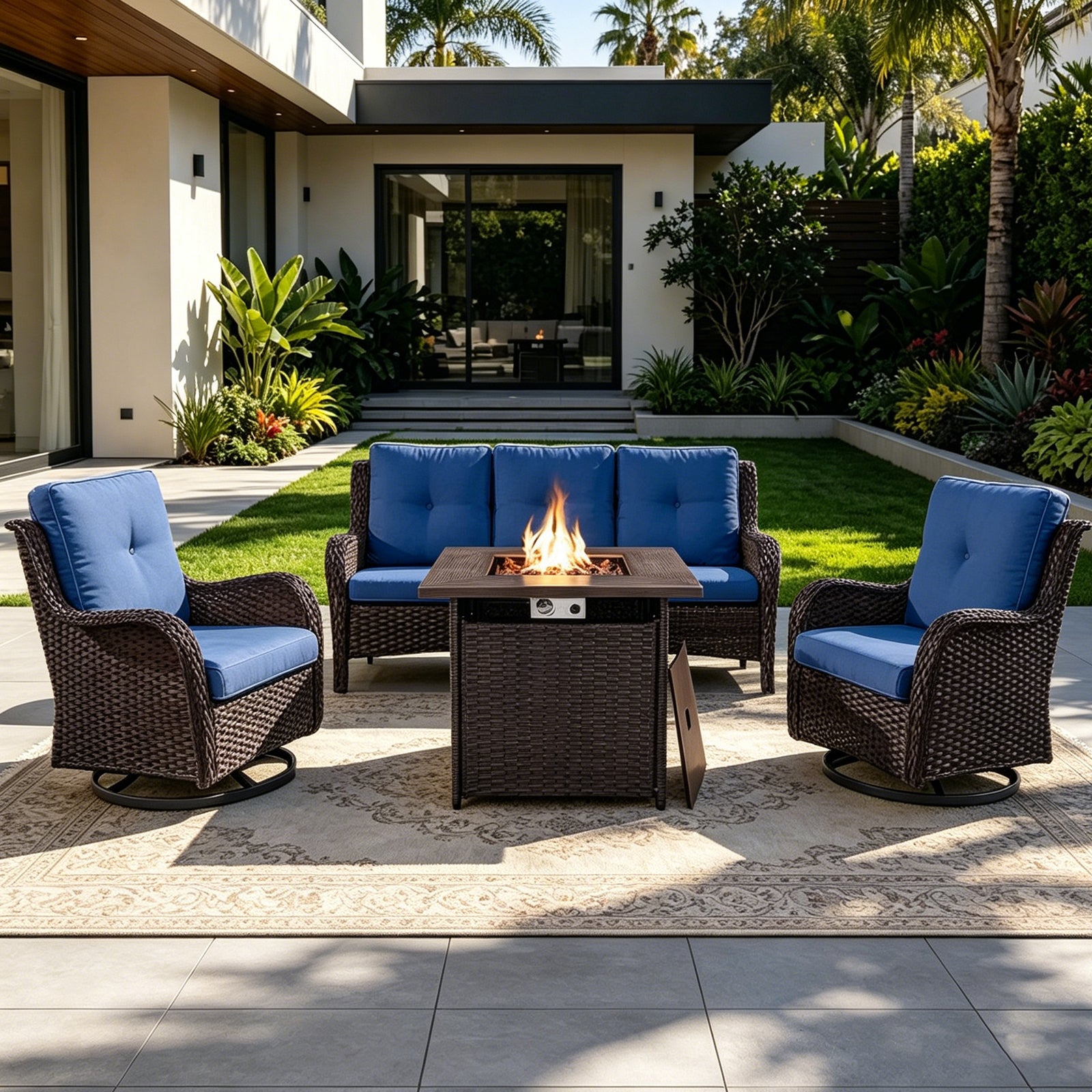 POCASSY 4PCS Patio Furniture Set with Fire Pit Table, Wicker Weather-Resistant Outdoor Conversation Set with Sofa, Swivel Patio Chair and 50000BTU Propane Fire Pit Ideal for Porch Deck