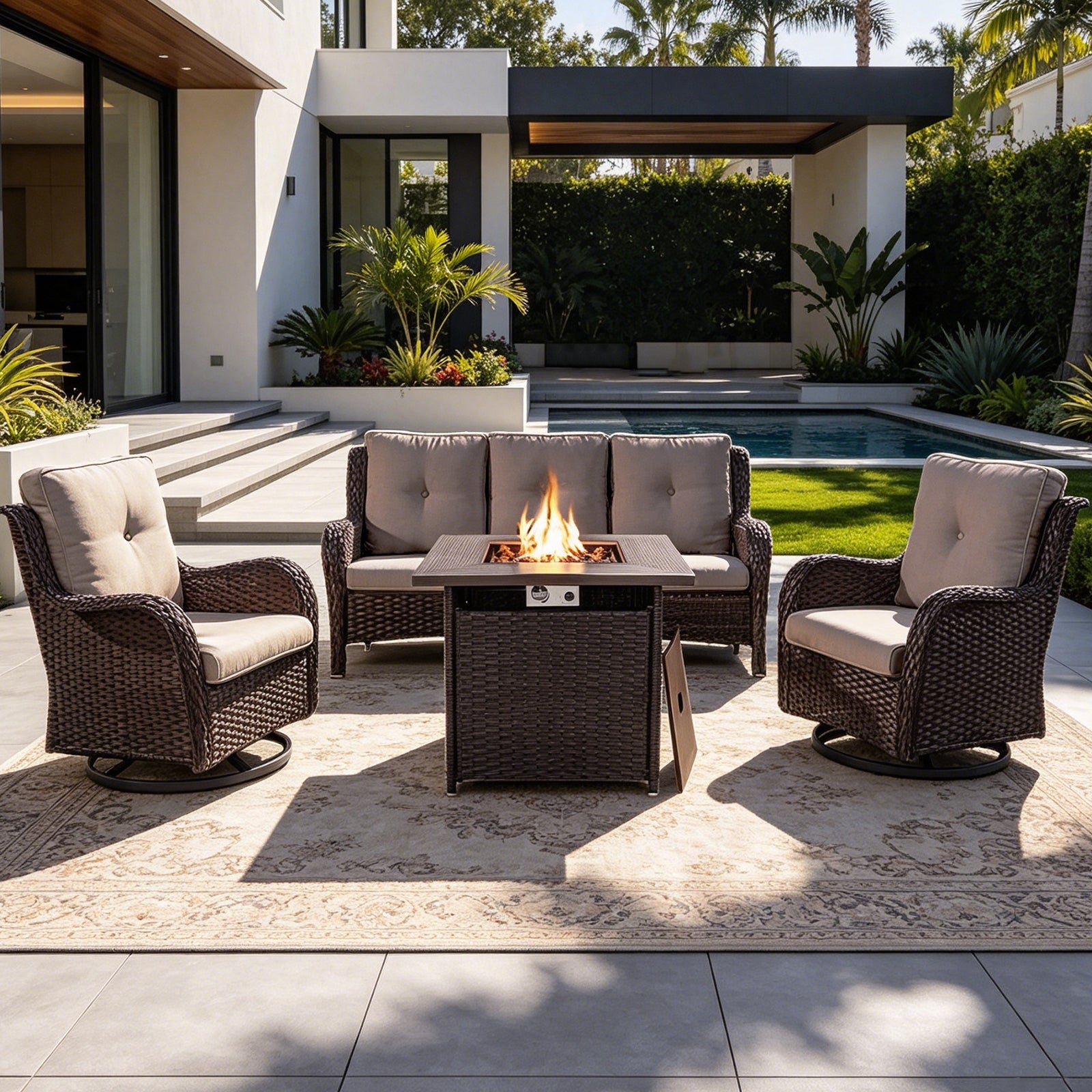 POCASSY 4PCS Patio Furniture Set with Fire Pit Table, Wicker Weather-Resistant Outdoor Conversation Set with Sofa, Swivel Patio Chair and 50000BTU Propane Fire Pit Ideal for Porch Deck