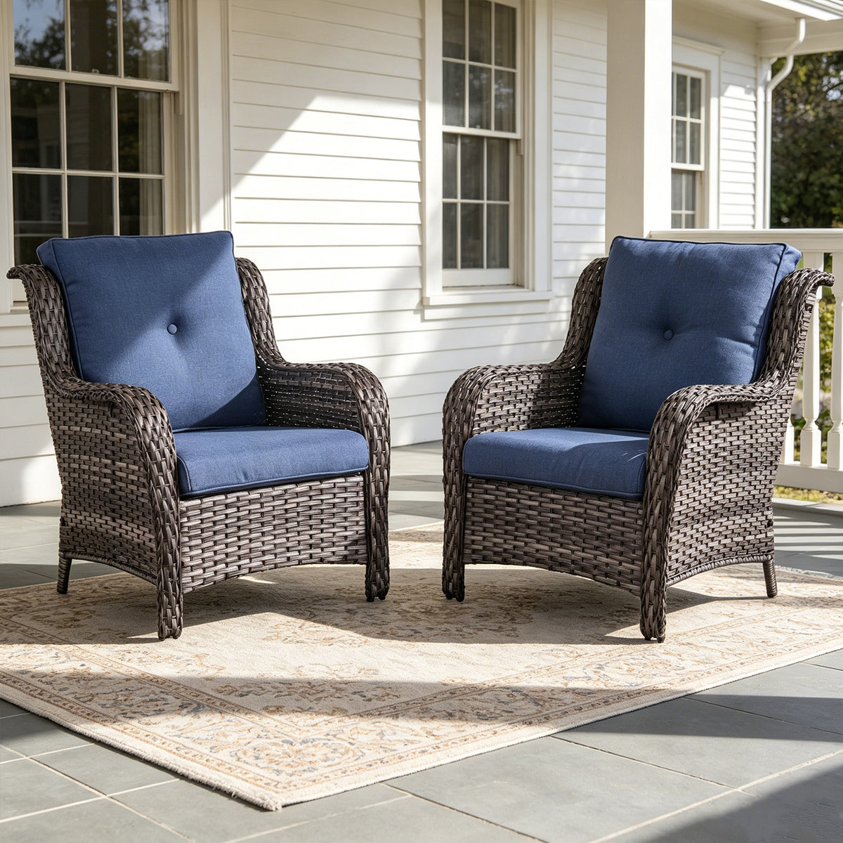 POCASSY Patio Wicker Chairs Set of 2, All-Weather Wicker Patio Furniture Chairs Set Rattan High-Back Outdoor Armchairs with Cushions