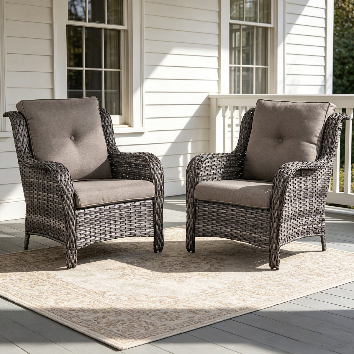 POCASSY Patio Wicker Chairs Set of 2, All-Weather Wicker Patio Furniture Chairs Set Rattan High-Back Outdoor Armchairs with Cushions
