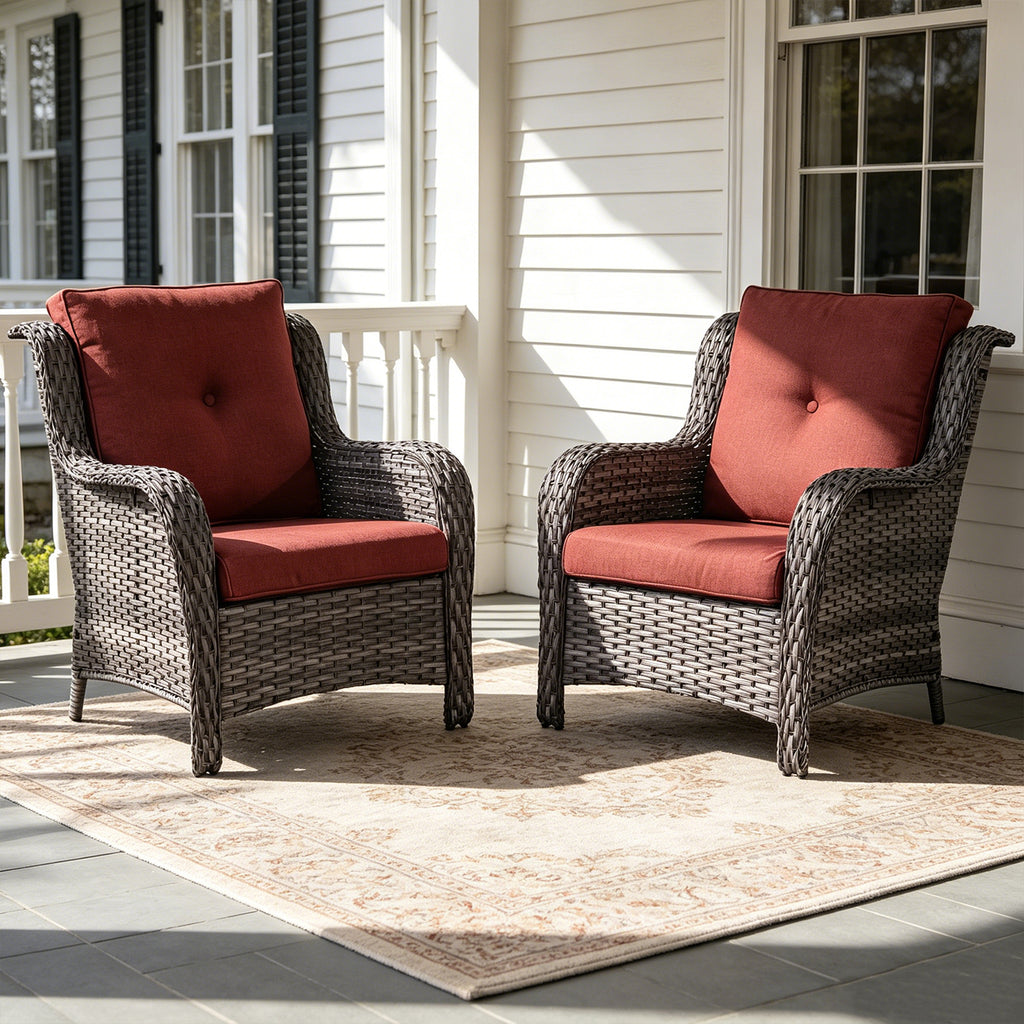 POCASSY Patio Wicker Chairs Set of 2, All-Weather Wicker Patio Furniture Chairs Set Rattan High-Back Outdoor Armchairs with Cushions