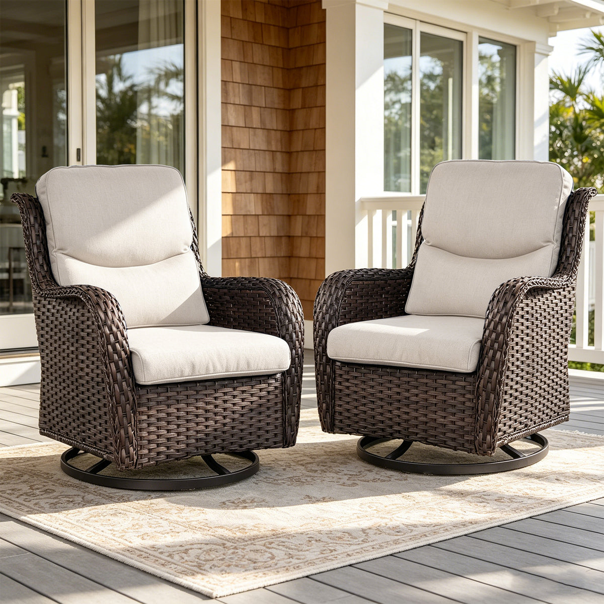 POCASSY Patio Swivel Chairs, Outdoor Wicker Swivel Glider Rocking Chairs with High Back and Thick Cushions for Porch Deck - Set of 2