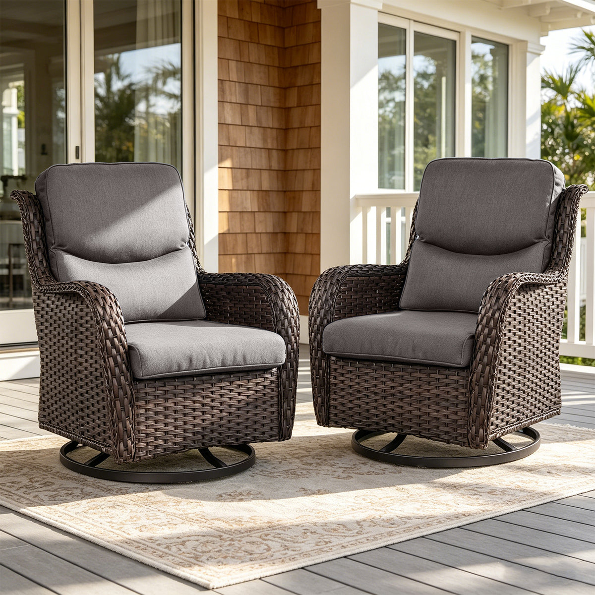 POCASSY Patio Swivel Chairs, Outdoor Wicker Swivel Glider Rocking Chairs with High Back and Thick Cushions for Porch Deck - Set of 2