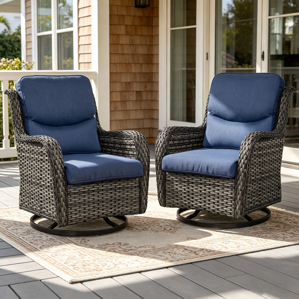 POCASSY Patio Swivel Chairs, Outdoor Wicker Swivel Glider Rocking Chairs with High Back and Thick Cushions for Porch Deck - Set of 2