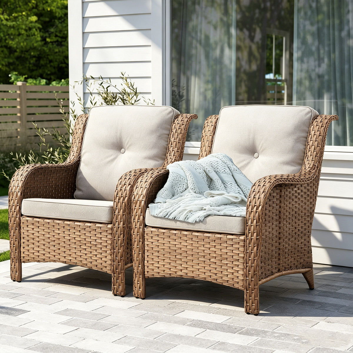 POCASSY Patio Wicker Chairs Set of 2, All-Weather Wicker Patio Furniture Chairs Set Rattan High-Back Outdoor Armchairs with Cushions