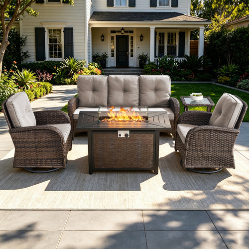 POCASSY 5PCS Outdoor Patio Furniture Set, Patio Furniture Set with Fire Pit Table Wicker Patio Couch Outdoor Swivel Chair and 43" Propane Firepit Table Rectangular
