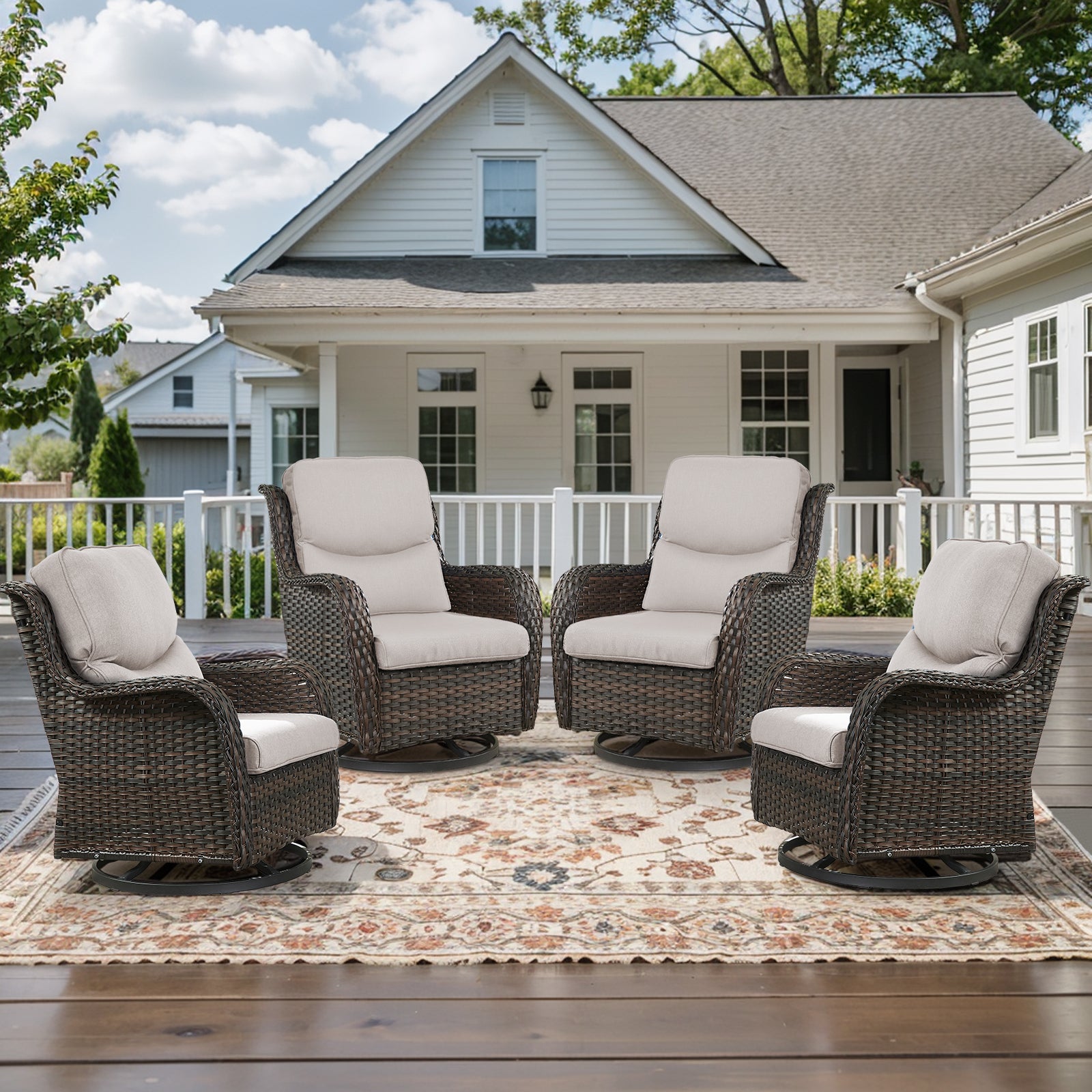 POCASSY Outdoor Swivel Chair Set of 4, All Weather Gray Wicker Patio Swivel Chairs Set with High Back and Thick Cushion for Garden Balcony Porch