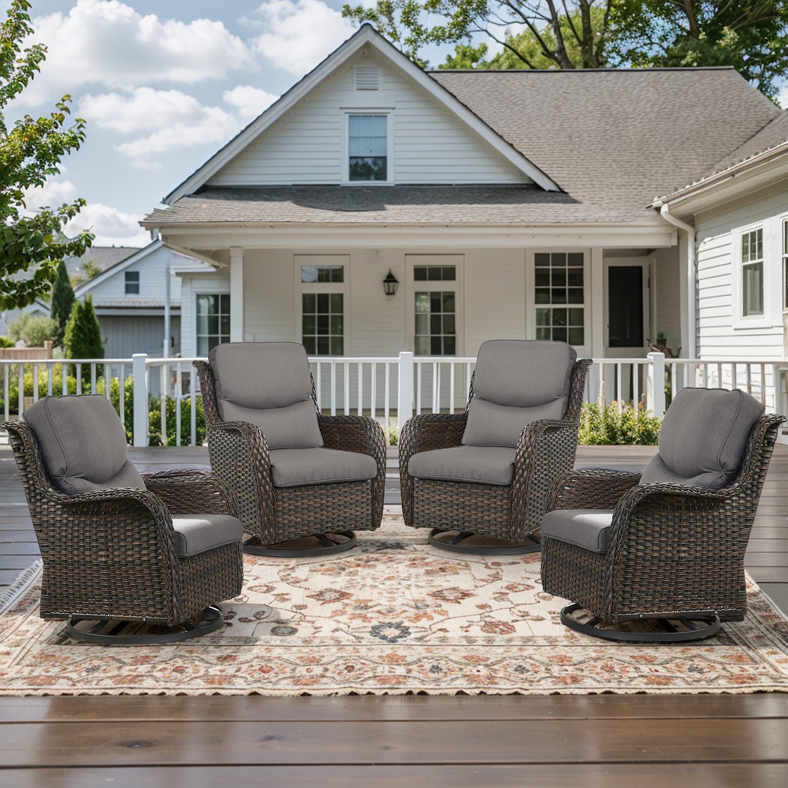 POCASSY Outdoor Swivel Chair Set of 4, All Weather Gray Wicker Patio Swivel Chairs Set with High Back and Thick Cushion for Garden Balcony Porch