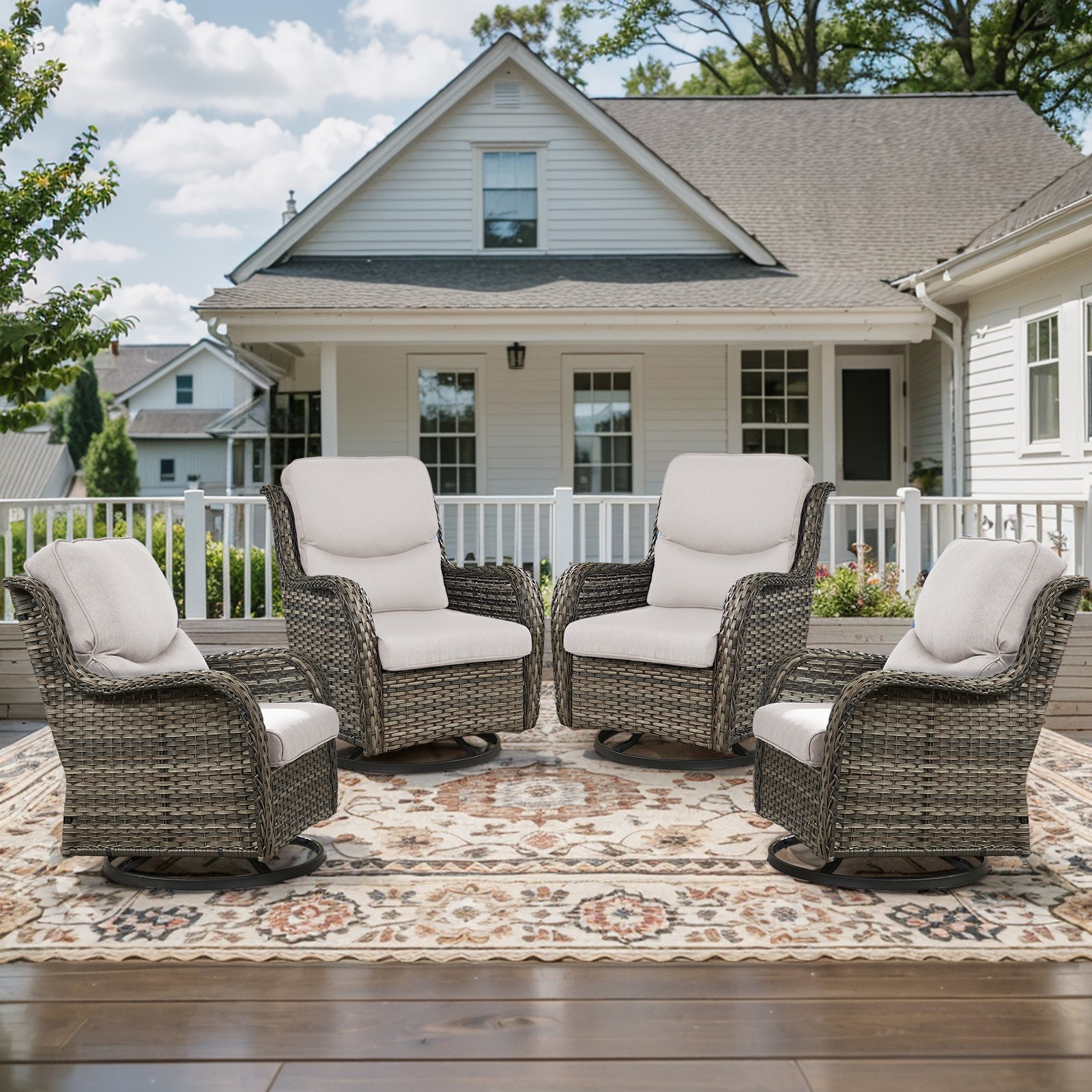 POCASSY Outdoor Swivel Chair Set of 4, All Weather Gray Wicker Patio Swivel Chairs Set with High Back and Thick Cushion for Garden Balcony Porch