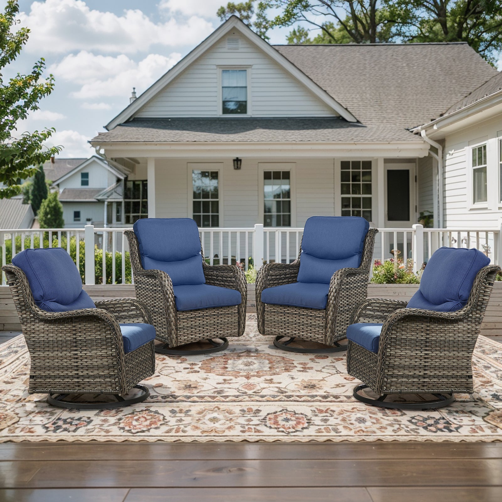 POCASSY Outdoor Swivel Chair Set of 4, All Weather Gray Wicker Patio Swivel Chairs Set with High Back and Thick Cushion for Garden Balcony Porch