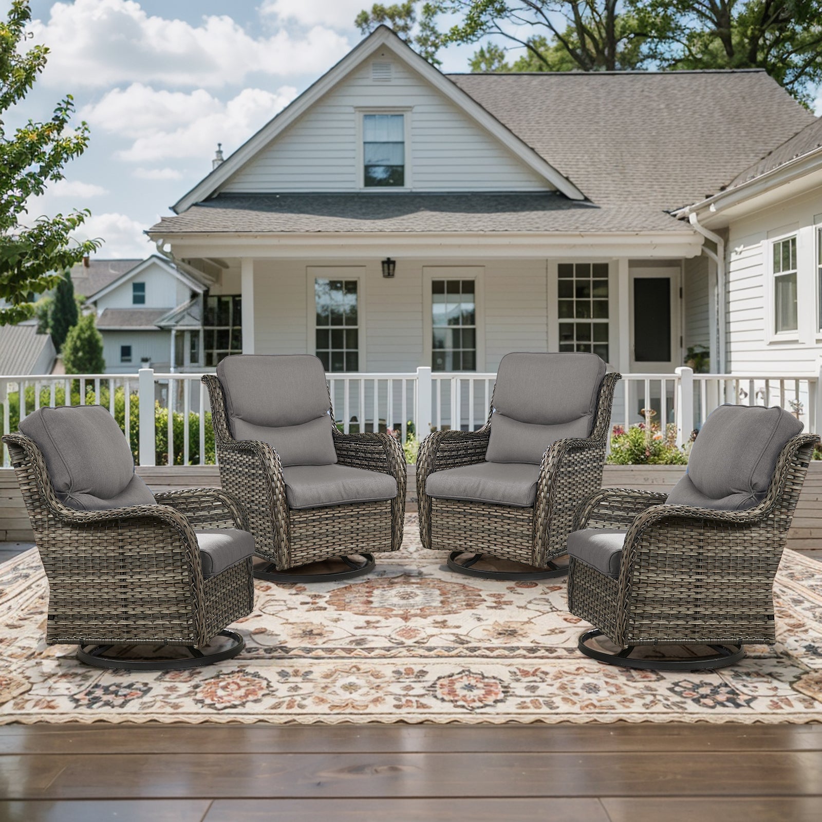 POCASSY Outdoor Swivel Chair Set of 4, All Weather Gray Wicker Patio Swivel Chairs Set with High Back and Thick Cushion for Garden Balcony Porch