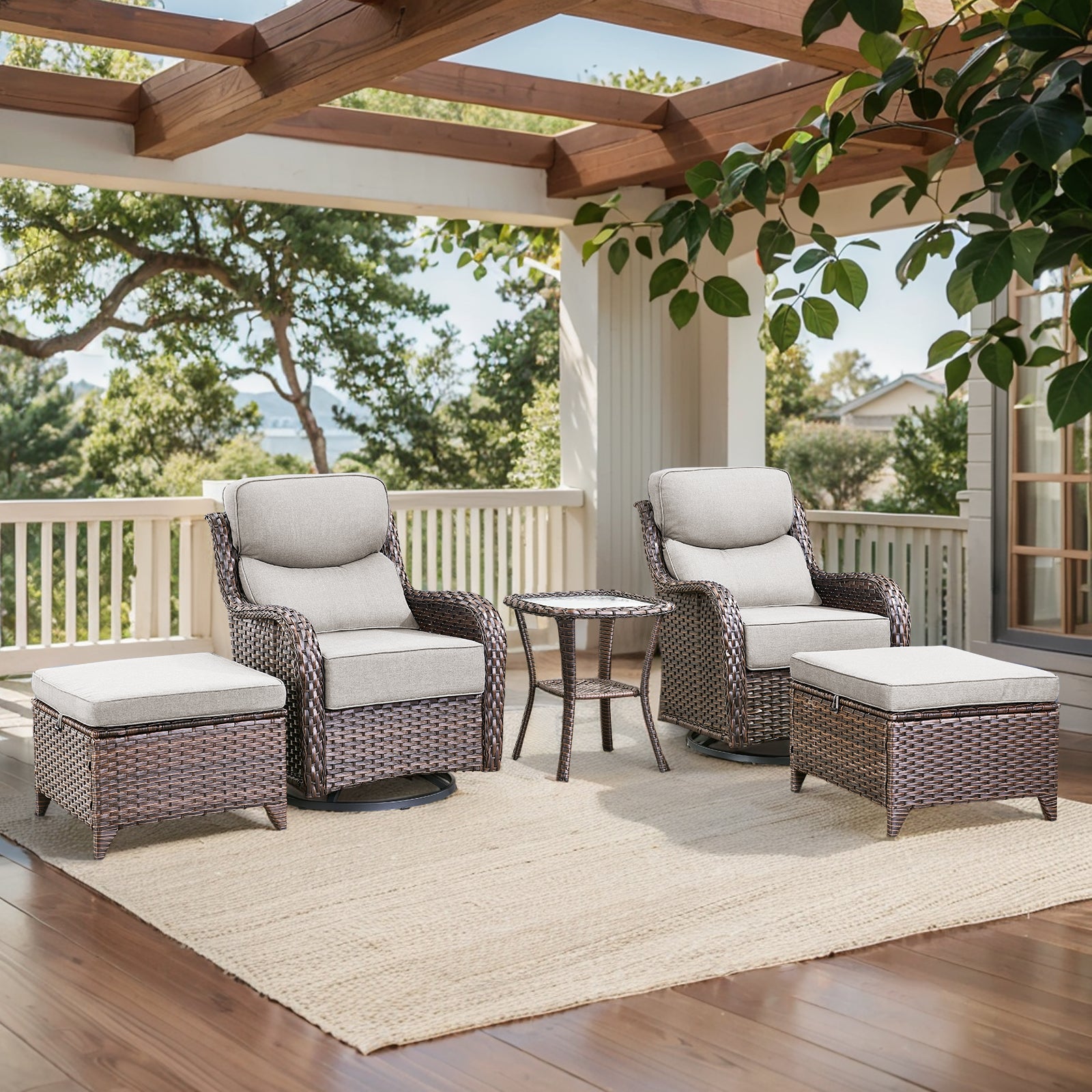 POCASSY 5PCS Patio Furniture Set with Cushioned Outdoor Swivel Rocking Chair, Ottoman and Side Table, All Weather Wicker Outdoor Conversation Set for Pool, Backyard, Garden