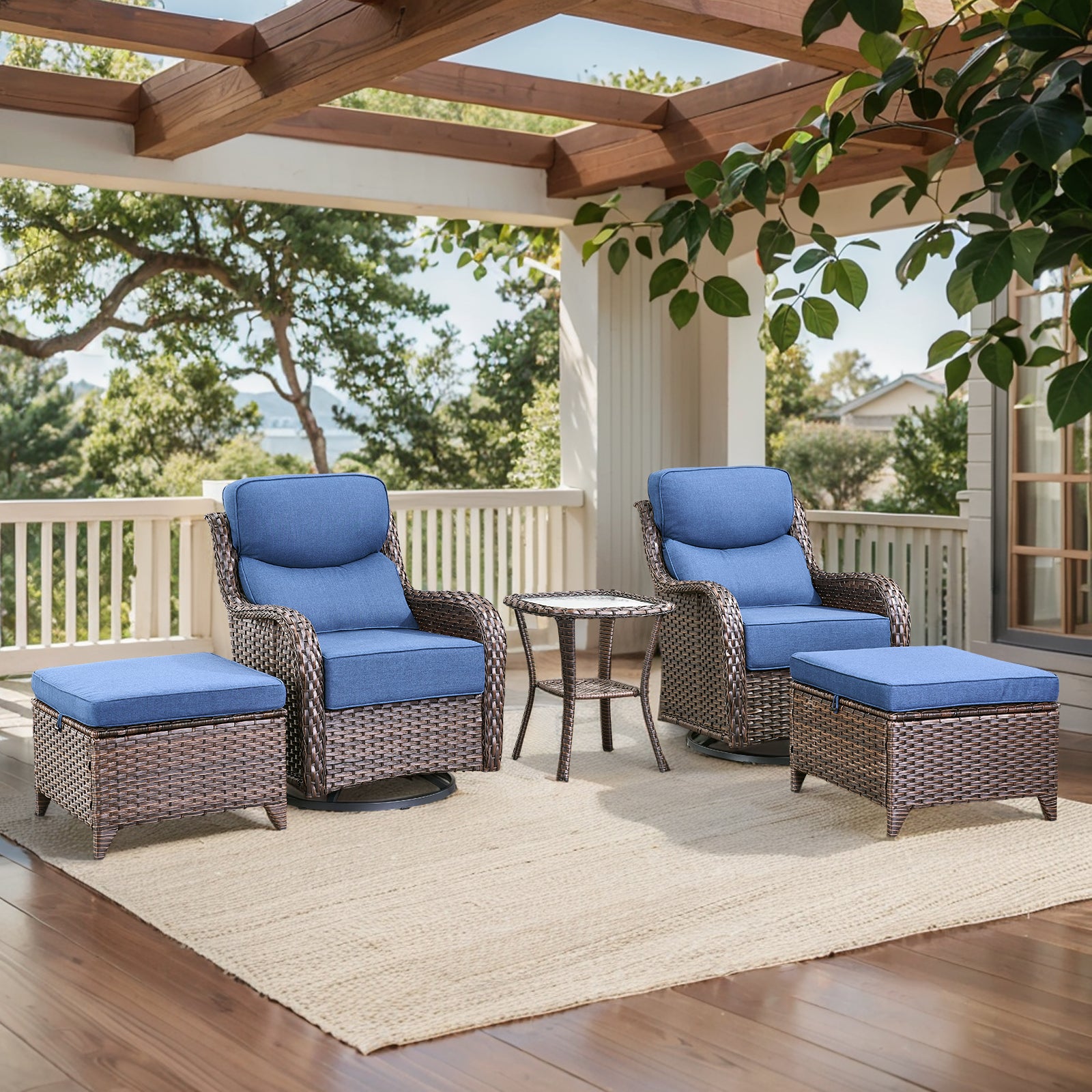 POCASSY 5PCS Patio Furniture Set with Cushioned Outdoor Swivel Rocking Chair, Ottoman and Side Table, All Weather Wicker Outdoor Conversation Set for Pool, Backyard, Garden