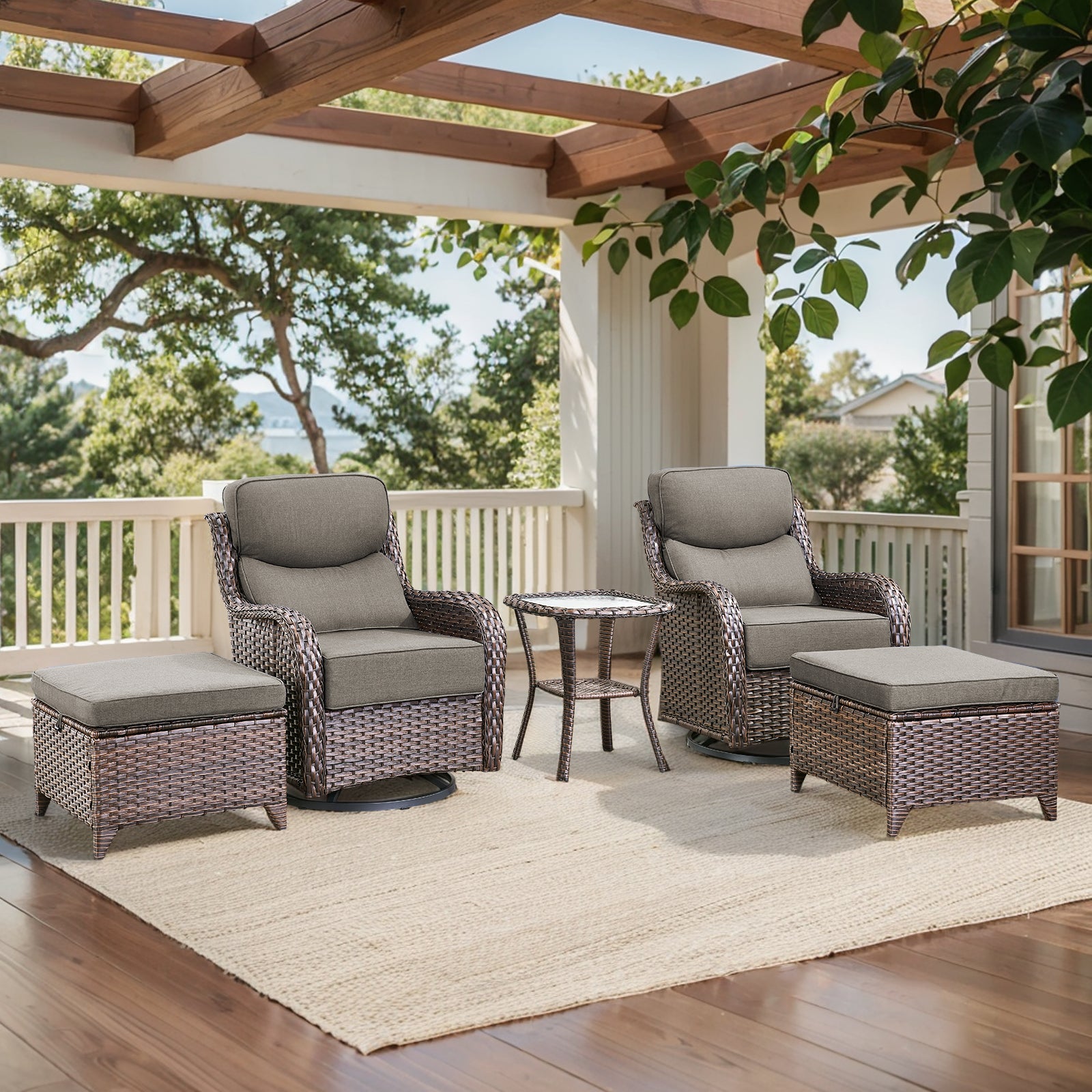 POCASSY 5PCS Patio Furniture Set with Cushioned Outdoor Swivel Rocking Chair, Ottoman and Side Table, All Weather Wicker Outdoor Conversation Set for Pool, Backyard, Garden