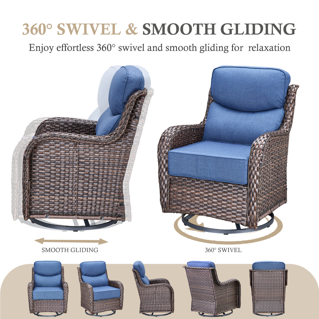 POCASSY 6-Piece Outdoor Patio Furniture Set, Brown Wicker Conversation Set with Sofa, 2 Swivel Rocking Chairs, 2 Ottomans and 6-Inch Extra Thick Blue Cushions