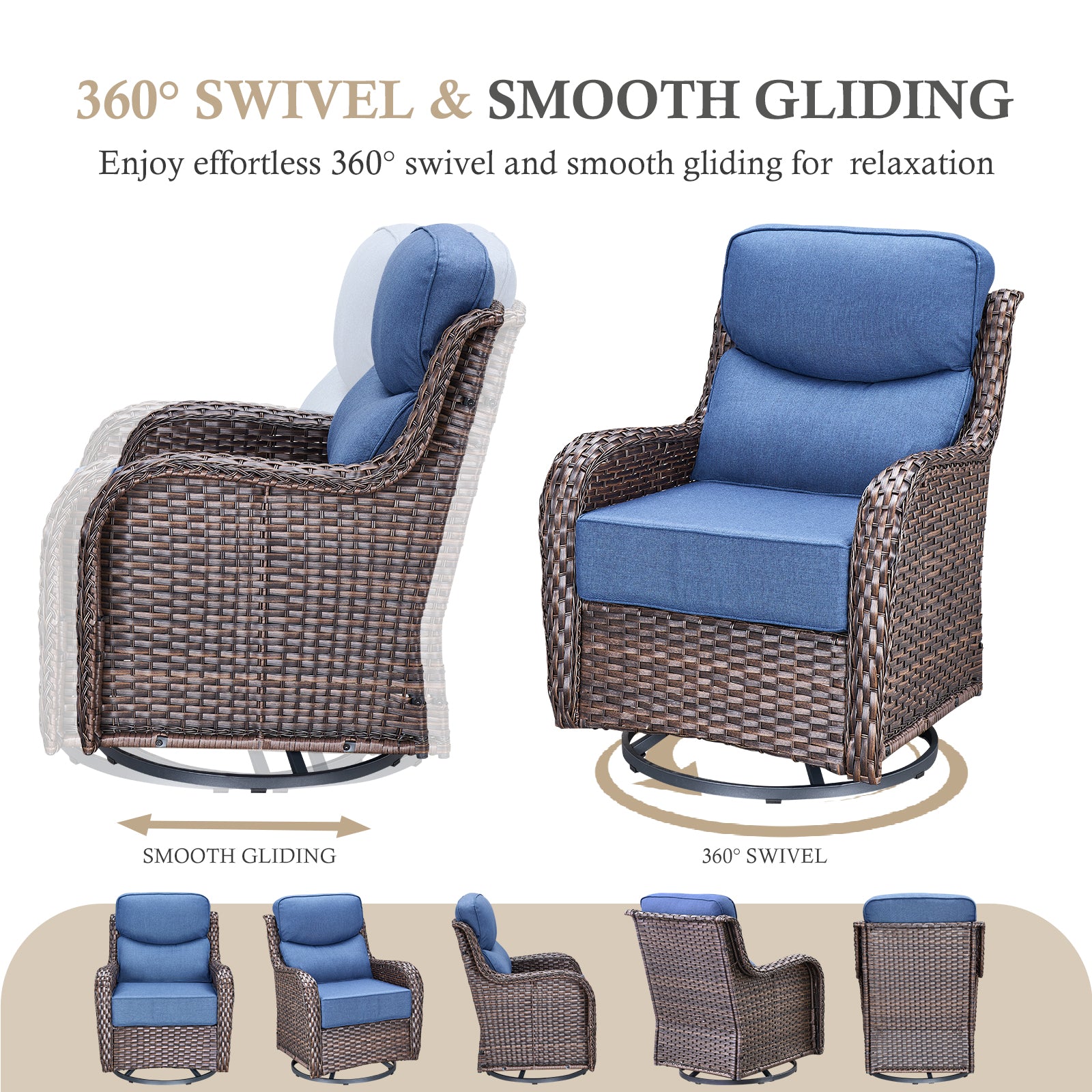 POCASSY 6-Piece Outdoor Patio Furniture Set, Brown Wicker Conversation Set with Sofa, 2 Swivel Rocking Chairs, 2 Ottomans and 6-Inch Extra Thick Blue Cushions