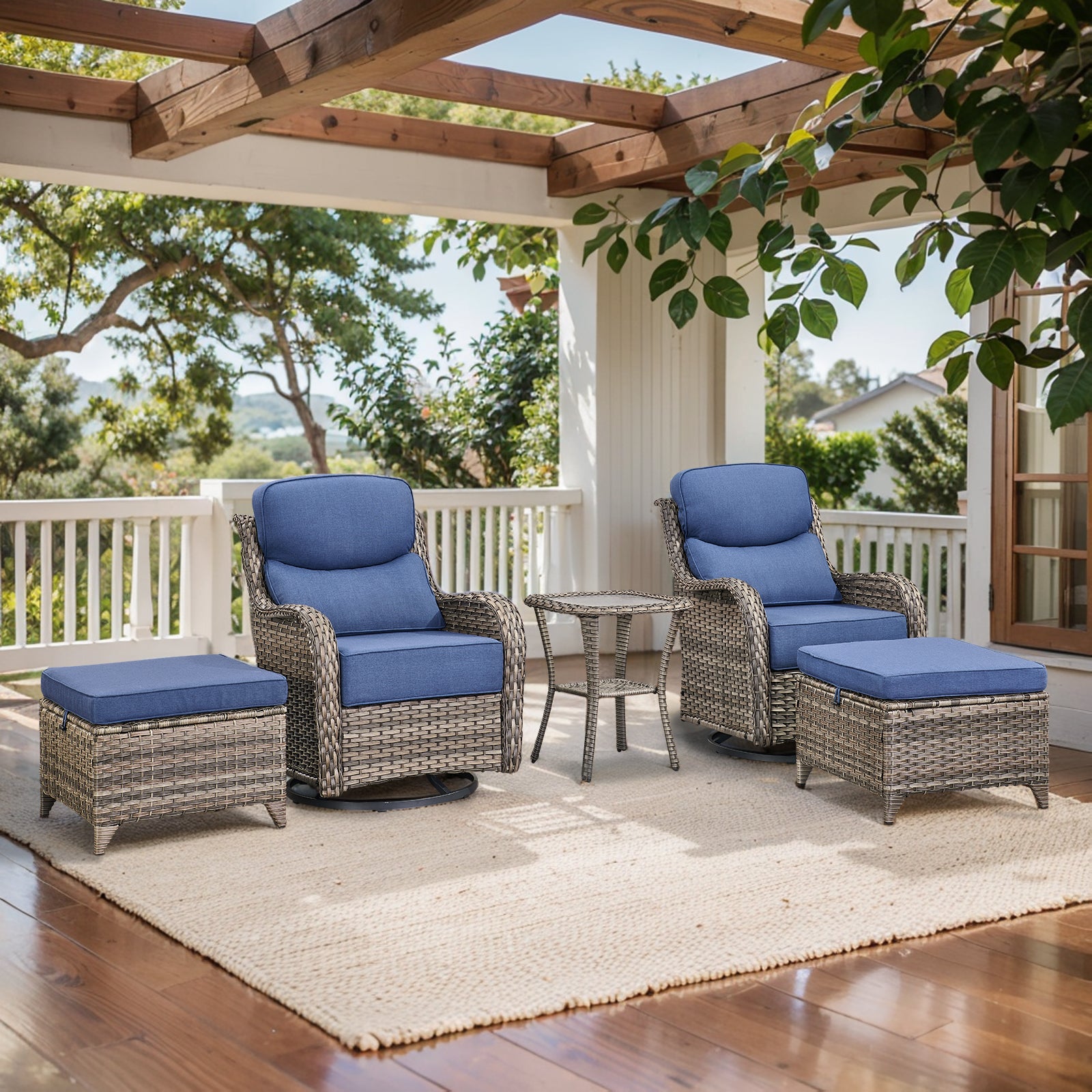 POCASSY 5PCS Patio Furniture Set with Cushioned Outdoor Swivel Rocking Chair, Ottoman and Side Table, All Weather Wicker Outdoor Conversation Set for Pool, Backyard, Garden