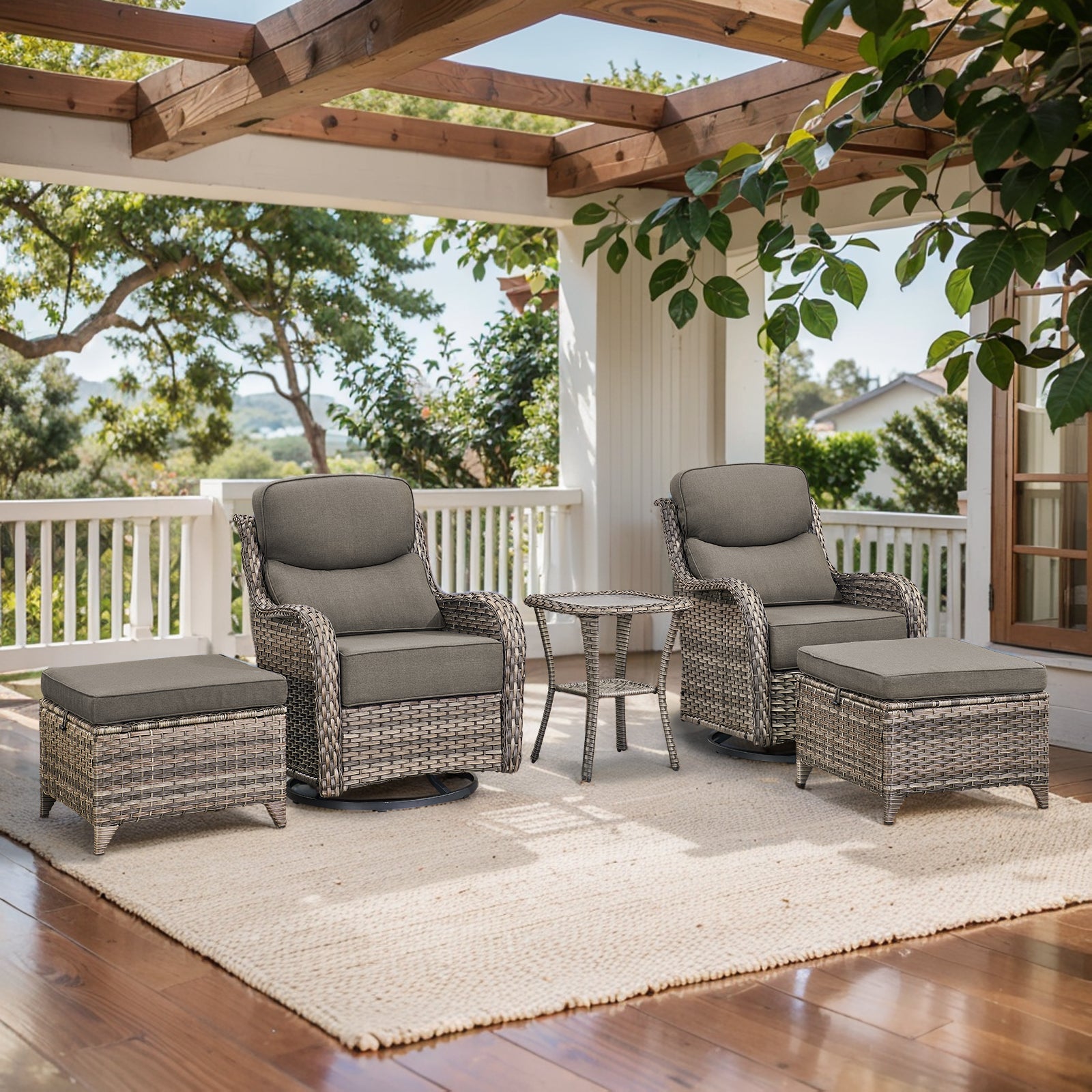 POCASSY 5PCS Patio Furniture Set with Cushioned Outdoor Swivel Rocking Chair, Ottoman and Side Table, All Weather Wicker Outdoor Conversation Set for Pool, Backyard, Garden