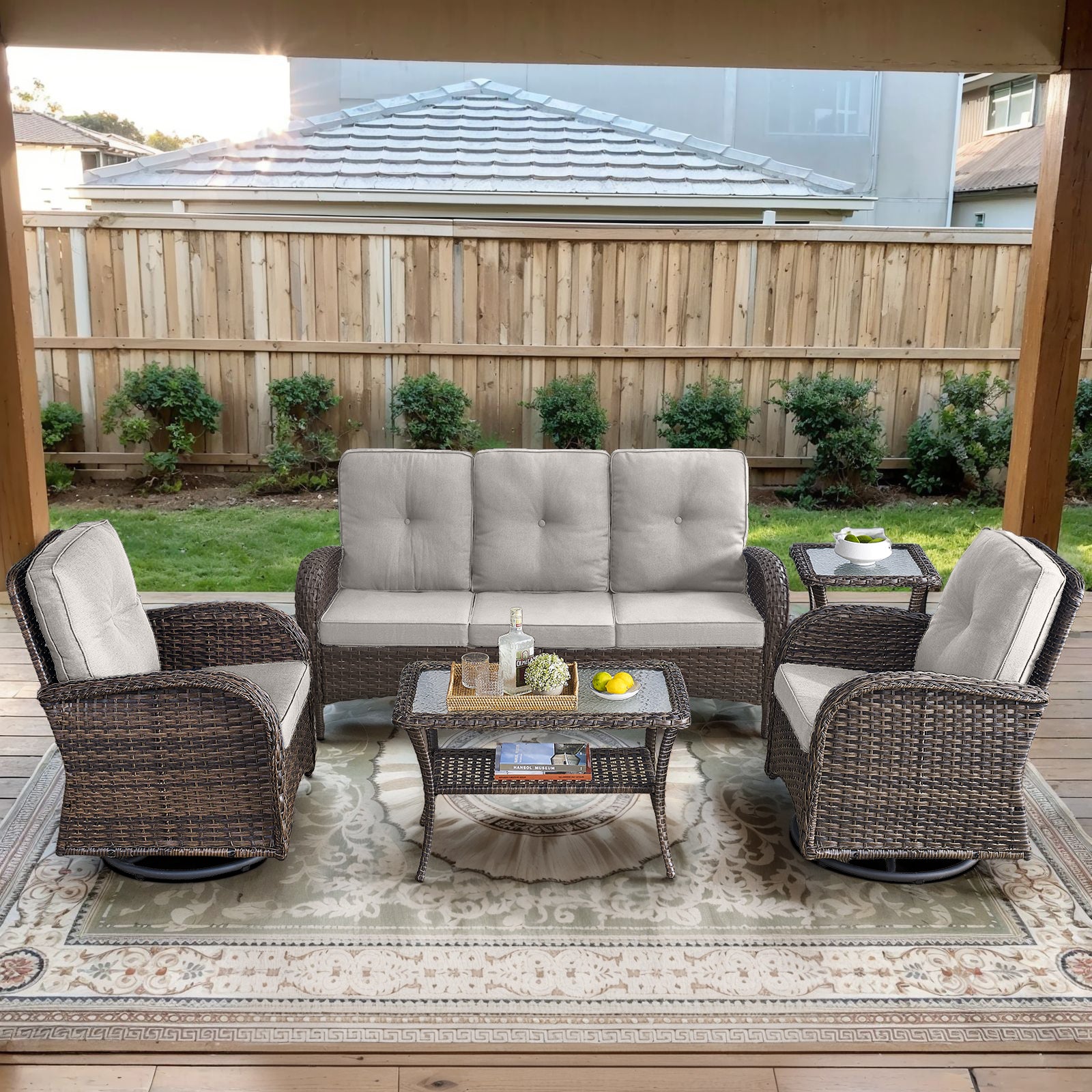 POCASSY 5 Pieces Patio Furniture Set, Wicker Patio Conversation Set with Swivel Rocking Patio Chairs, Outdoor Couch, Deep Seat Patio Set with Glass Top Coffee Table for Outside