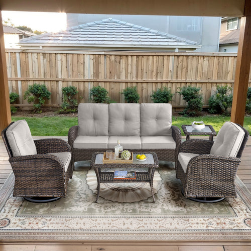 POCASSY 5 Pieces Patio Furniture Set, Wicker Patio Conversation Set with Swivel Rocking Patio Chairs, Outdoor Couch, Deep Seat Patio Set with Glass Top Coffee Table for Outside