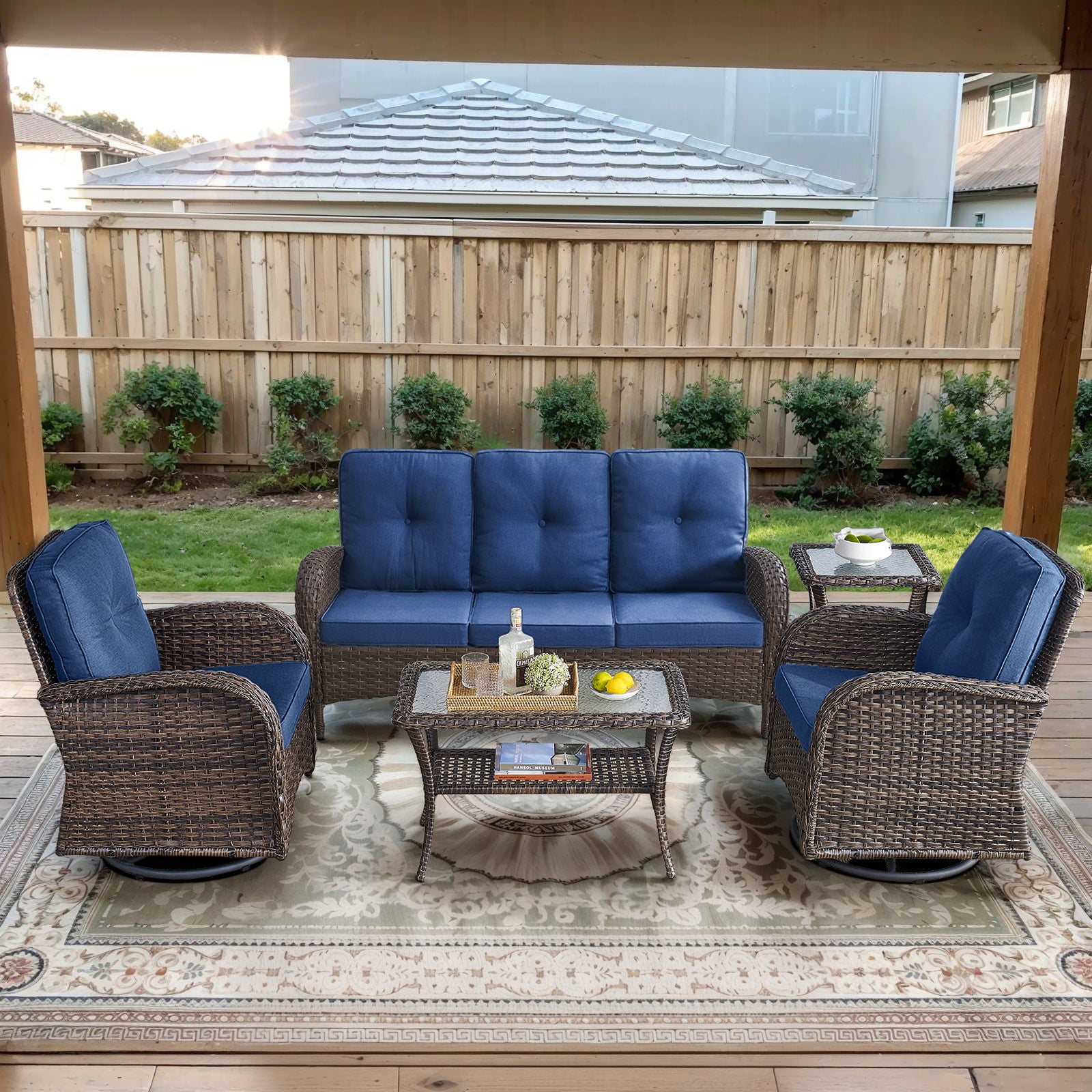 POCASSY 5 Pieces Patio Furniture Set, Wicker Patio Conversation Set with Swivel Rocking Patio Chairs, Outdoor Couch, Deep Seat Patio Set with Glass Top Coffee Table for Outside