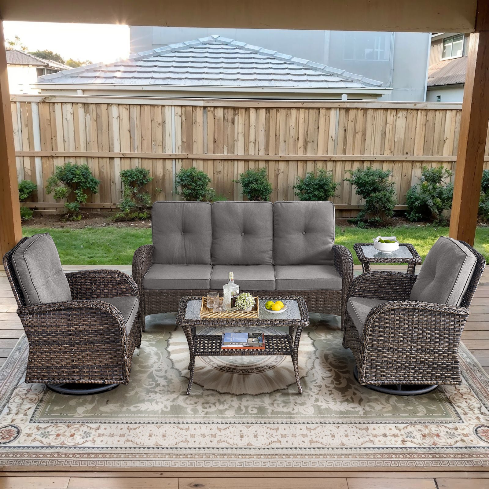 POCASSY 5 Pieces Patio Furniture Set, Wicker Patio Conversation Set with Swivel Rocking Patio Chairs, Outdoor Couch, Deep Seat Patio Set with Glass Top Coffee Table for Outside
