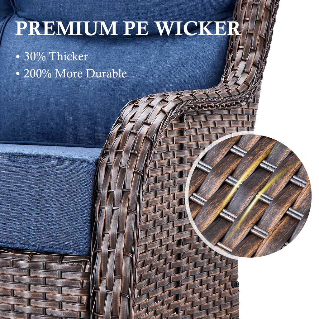 POCASSY 6-Piece Outdoor Patio Furniture Set, Brown Wicker Conversation Set with Sofa, 2 Swivel Rocking Chairs, 2 Ottomans and 6-Inch Extra Thick Blue Cushions
