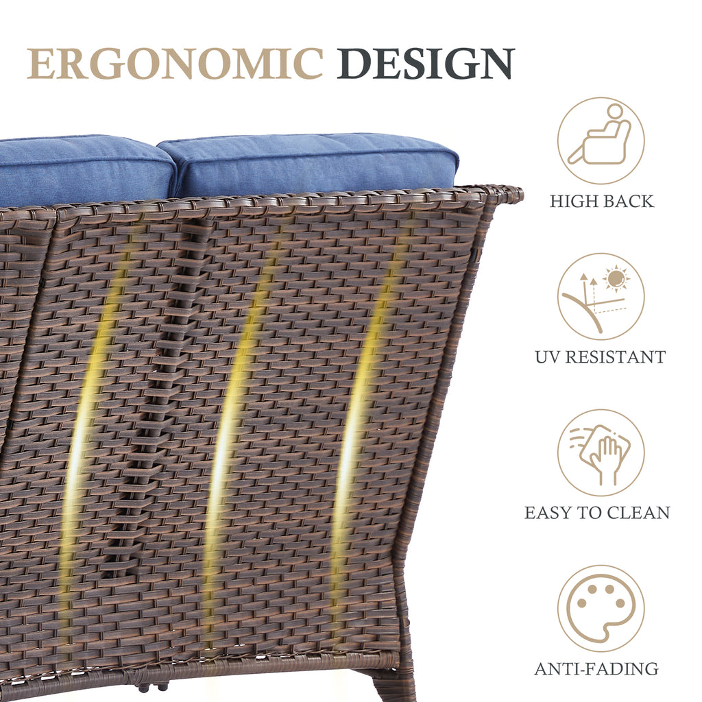 POCASSY 6-Piece Outdoor Patio Furniture Set, Brown Wicker Conversation Set with Sofa, 2 Swivel Rocking Chairs, 2 Ottomans and 6-Inch Extra Thick Blue Cushions