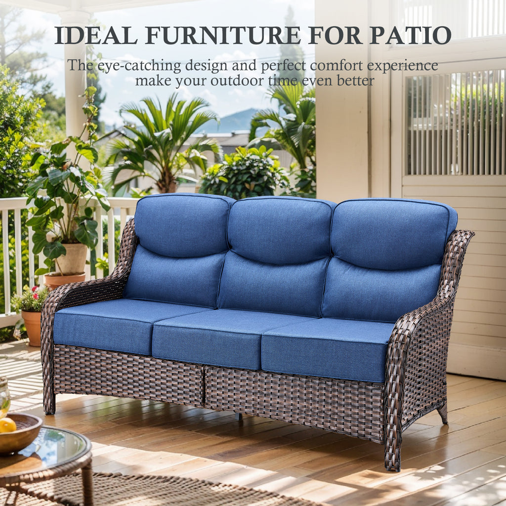 POCASSY 6-Piece Outdoor Patio Furniture Set, Brown Wicker Conversation Set with Sofa, 2 Swivel Rocking Chairs, 2 Ottomans and 6-Inch Extra Thick Blue Cushions