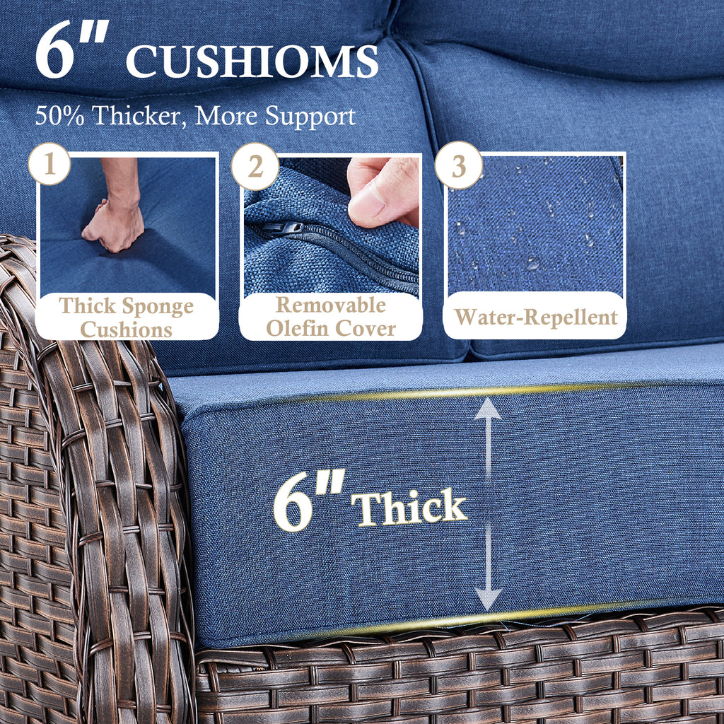 POCASSY 6-Piece Outdoor Patio Furniture Set, Brown Wicker Conversation Set with Sofa, 2 Swivel Rocking Chairs, 2 Ottomans and 6-Inch Extra Thick Blue Cushions