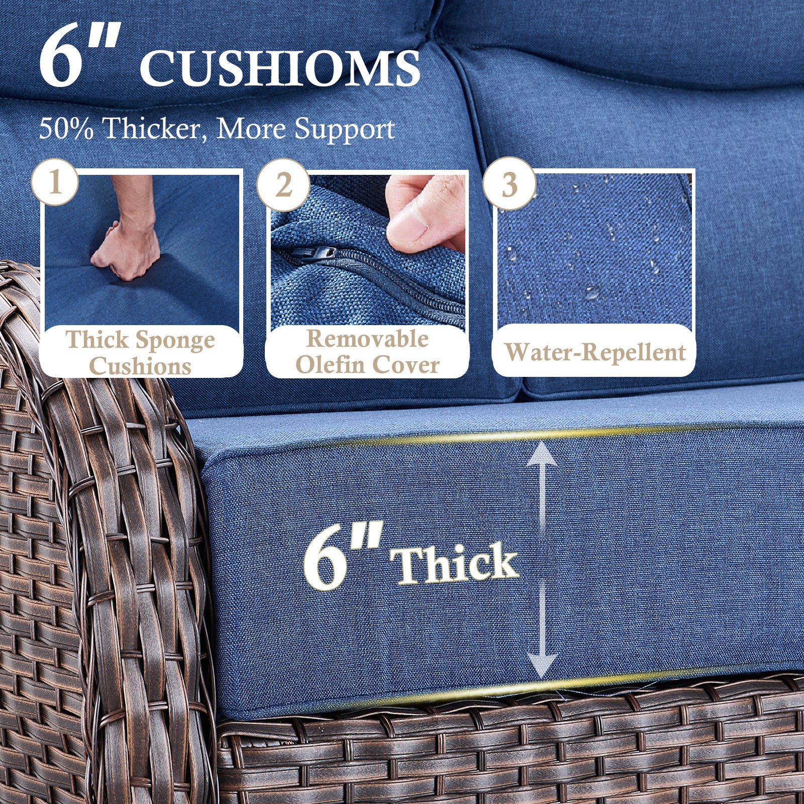 POCASSY 6-Piece Outdoor Patio Furniture Set, Brown Wicker Conversation Set with Sofa, 2 Swivel Rocking Chairs, 2 Ottomans and 6-Inch Extra Thick Blue Cushions