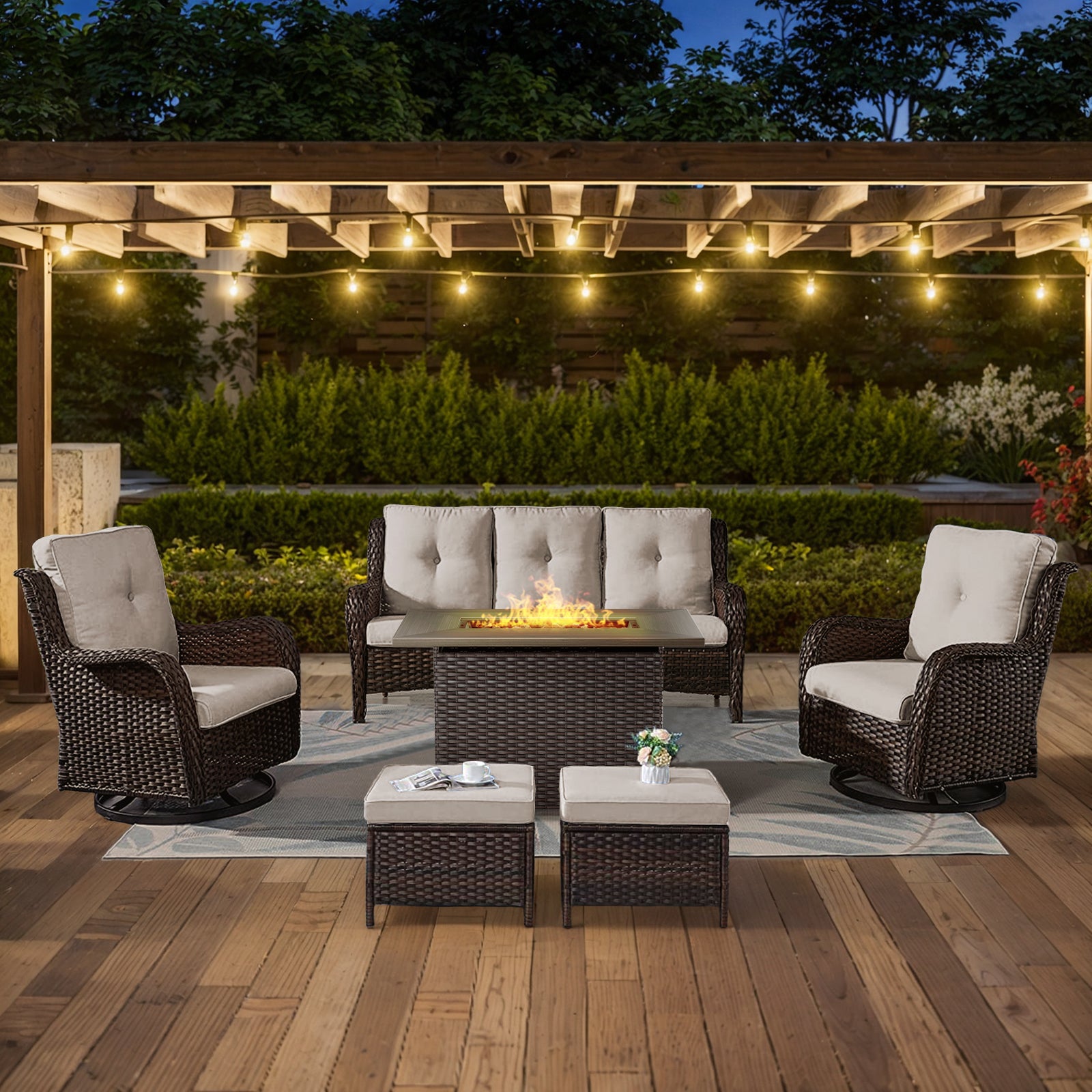 POCASSY 6 Pieces Outdoor Patio Furniture Sets with Fire Pit Table, PE Wicker Outdoor Conversation Set with Patio Couch, Swivel Glider Chairs, Ottomans, and 41" Firepit Table for Deck Balcony