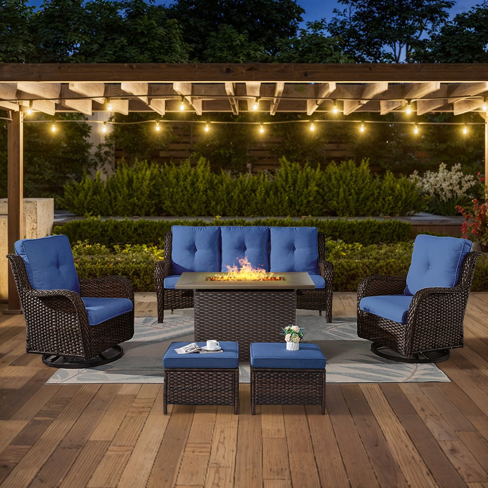 POCASSY 6 Pieces Outdoor Patio Furniture Sets with Fire Pit Table, PE Wicker Outdoor Conversation Set with Patio Couch, Swivel Glider Chairs, Ottomans, and 41" Firepit Table for Deck Balcony