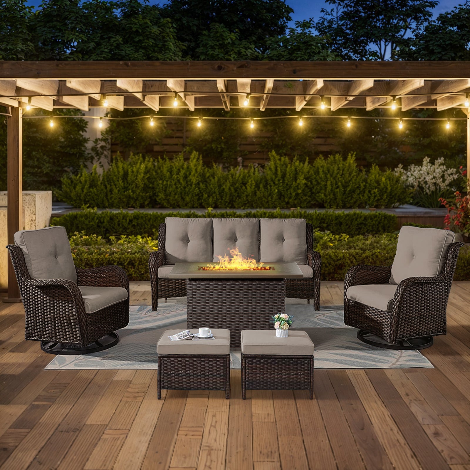 POCASSY 6 Pieces Outdoor Patio Furniture Sets with Fire Pit Table, PE Wicker Outdoor Conversation Set with Patio Couch, Swivel Glider Chairs, Ottomans, and 41" Firepit Table for Deck Balcony