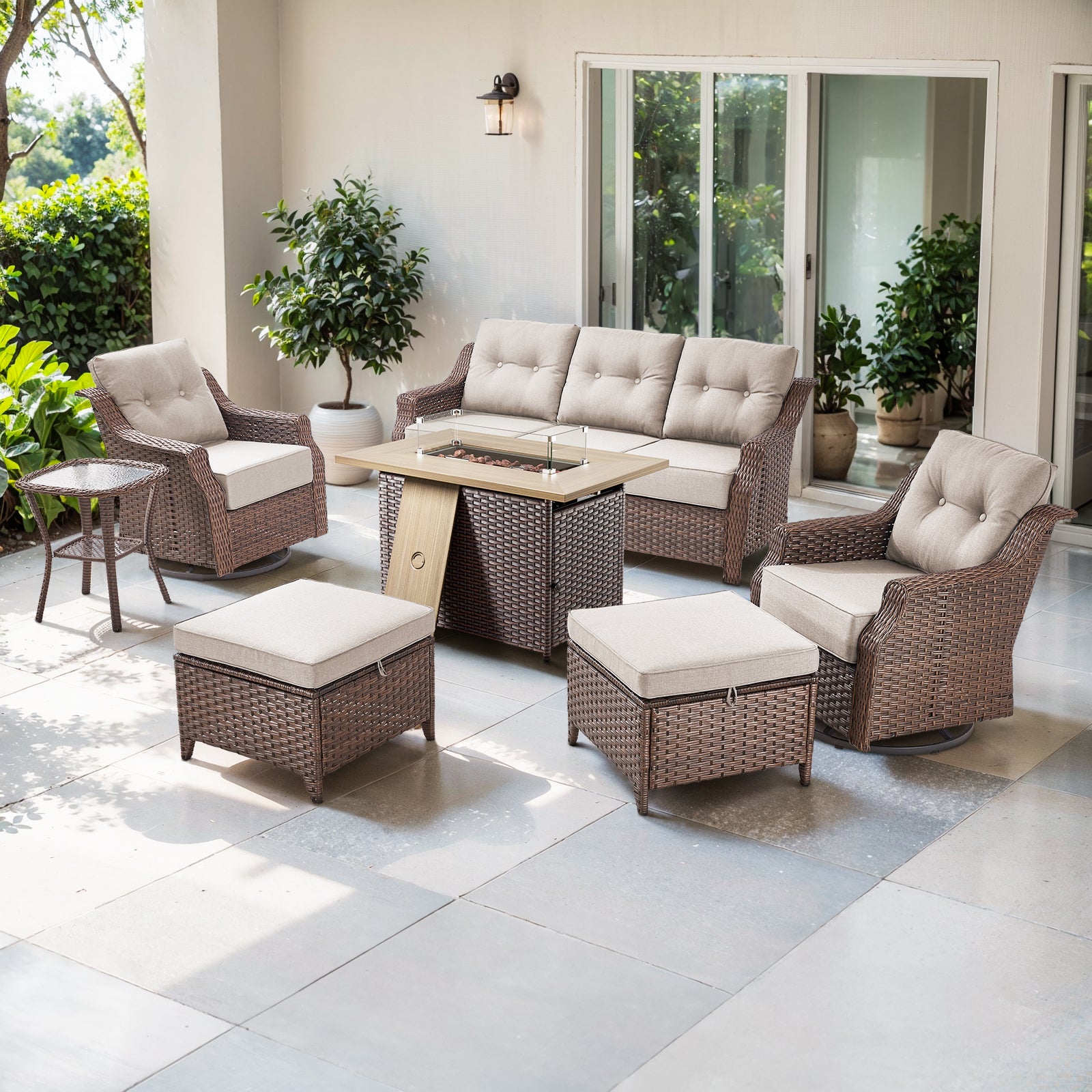 POCASSY 7-Piece Patio Furniture Set with Fire Pit, 6" Thick Cushion Outdoor Couch Sofa Set with 2 Swivel Chairs, 2 Ottomans, and 50000 BTUs Propane Fire Pit for Porch Deck