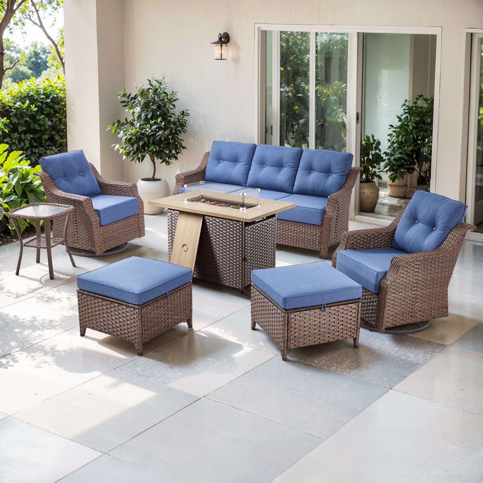 POCASSY 7-Piece Patio Furniture Set with Fire Pit, 6" Thick Cushion Outdoor Couch Sofa Set with 2 Swivel Chairs, 2 Ottomans, and 50000 BTUs Propane Fire Pit for Porch Deck