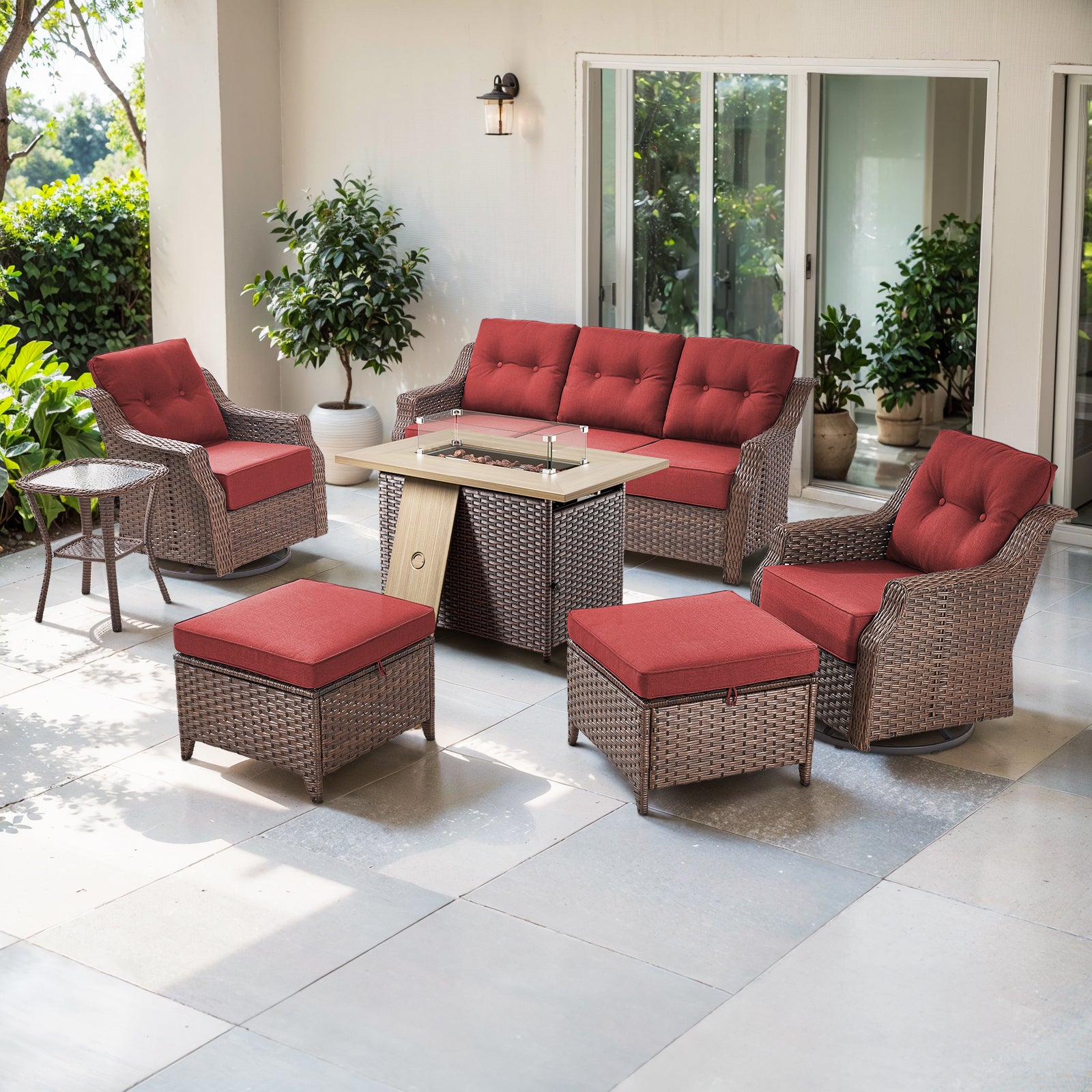 POCASSY 7-Piece Patio Furniture Set with Fire Pit, 6" Thick Cushion Outdoor Couch Sofa Set with 2 Swivel Chairs, 2 Ottomans, and 50000 BTUs Propane Fire Pit for Porch Deck