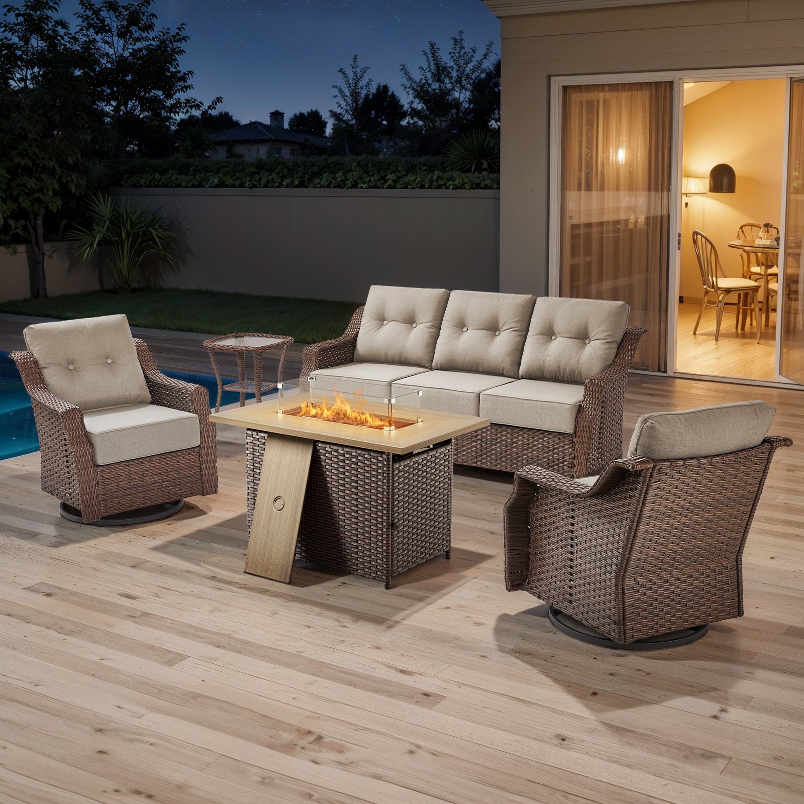 POCASSY 5PCS Patio Furniture Set with Fire Pit Table, 6" Thick Cushion Outdoor Couch Sofa Set with Swivel Chairs and 50000 BTUs Propane Fire Pit for Porch Deck