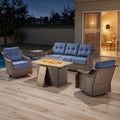 POCASSY 5PCS Patio Furniture Set with Fire Pit Table, 6" Thick Cushion Outdoor Couch Sofa Set with Swivel Chairs and 50000 BTUs Propane Fire Pit for Porch Deck