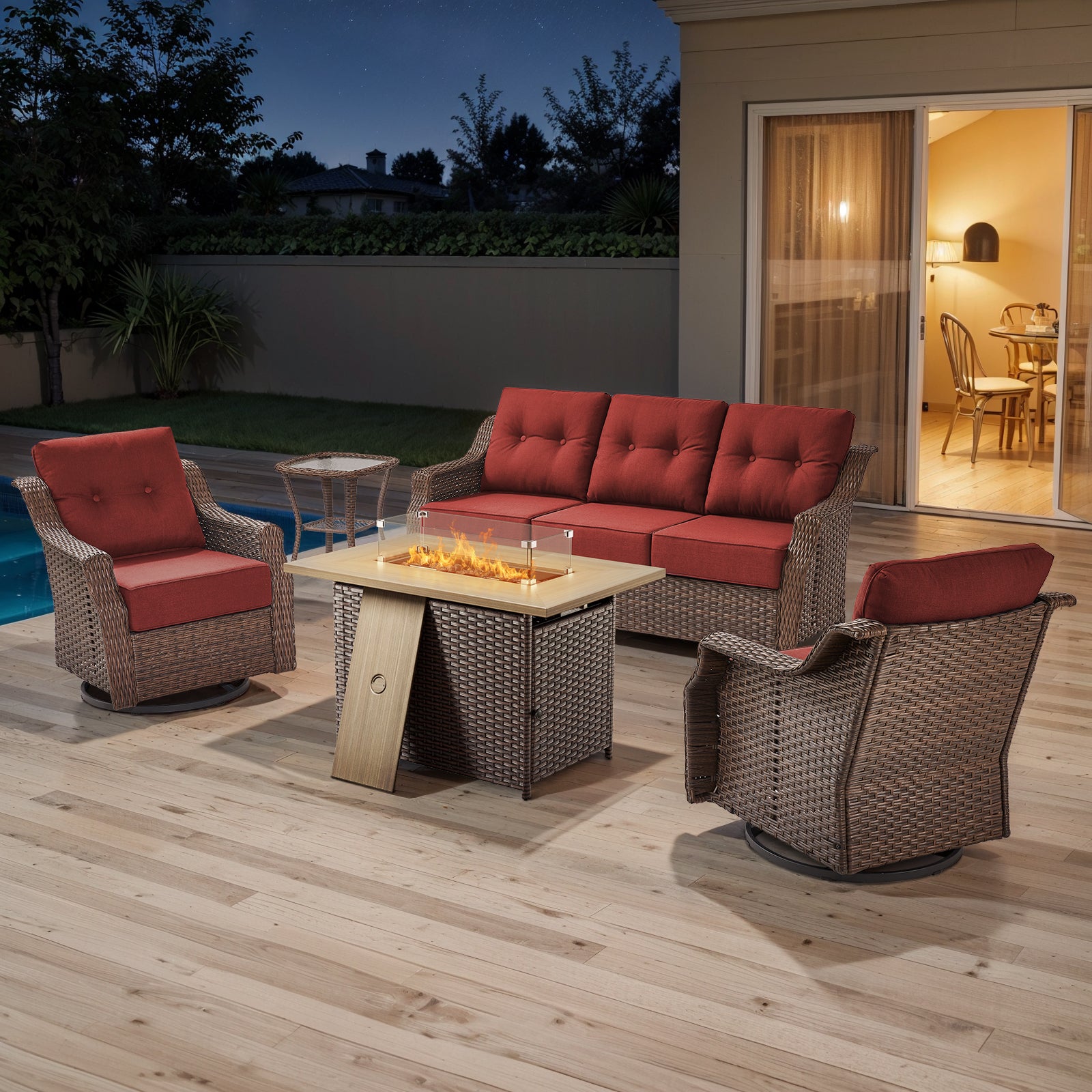 POCASSY 5PCS Patio Furniture Set with Fire Pit Table, 6" Thick Cushion Outdoor Couch Sofa Set with Swivel Chairs and 50000 BTUs Propane Fire Pit for Porch Deck