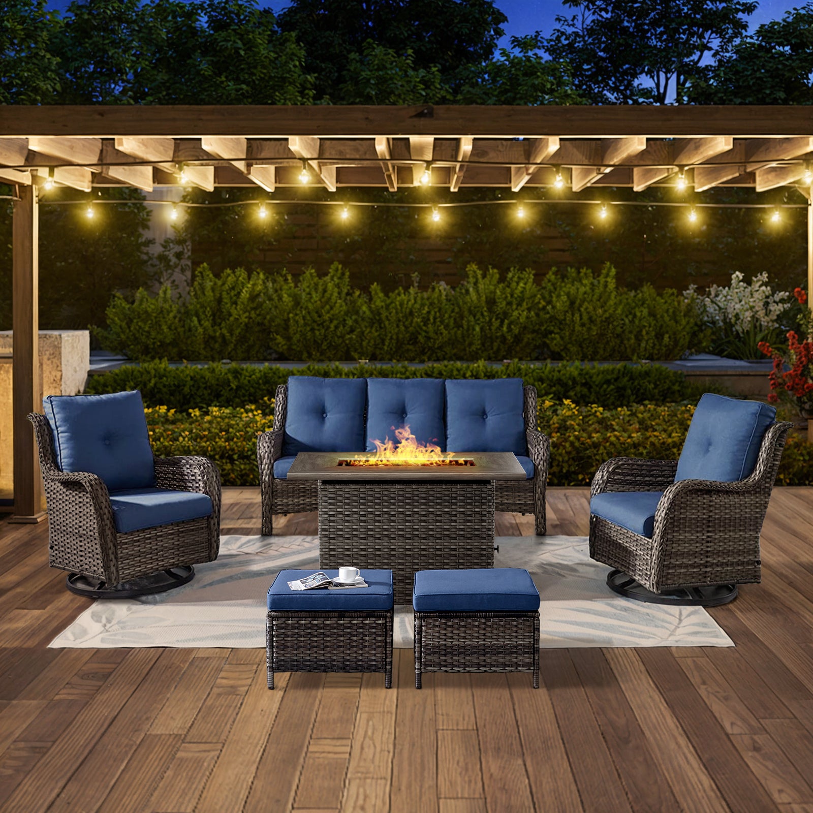 POCASSY 6 Pieces Outdoor Patio Furniture Sets with Fire Pit Table, PE Wicker Outdoor Conversation Set with Patio Couch, Swivel Glider Chairs, Ottomans, and 41" Firepit Table for Deck Balcony