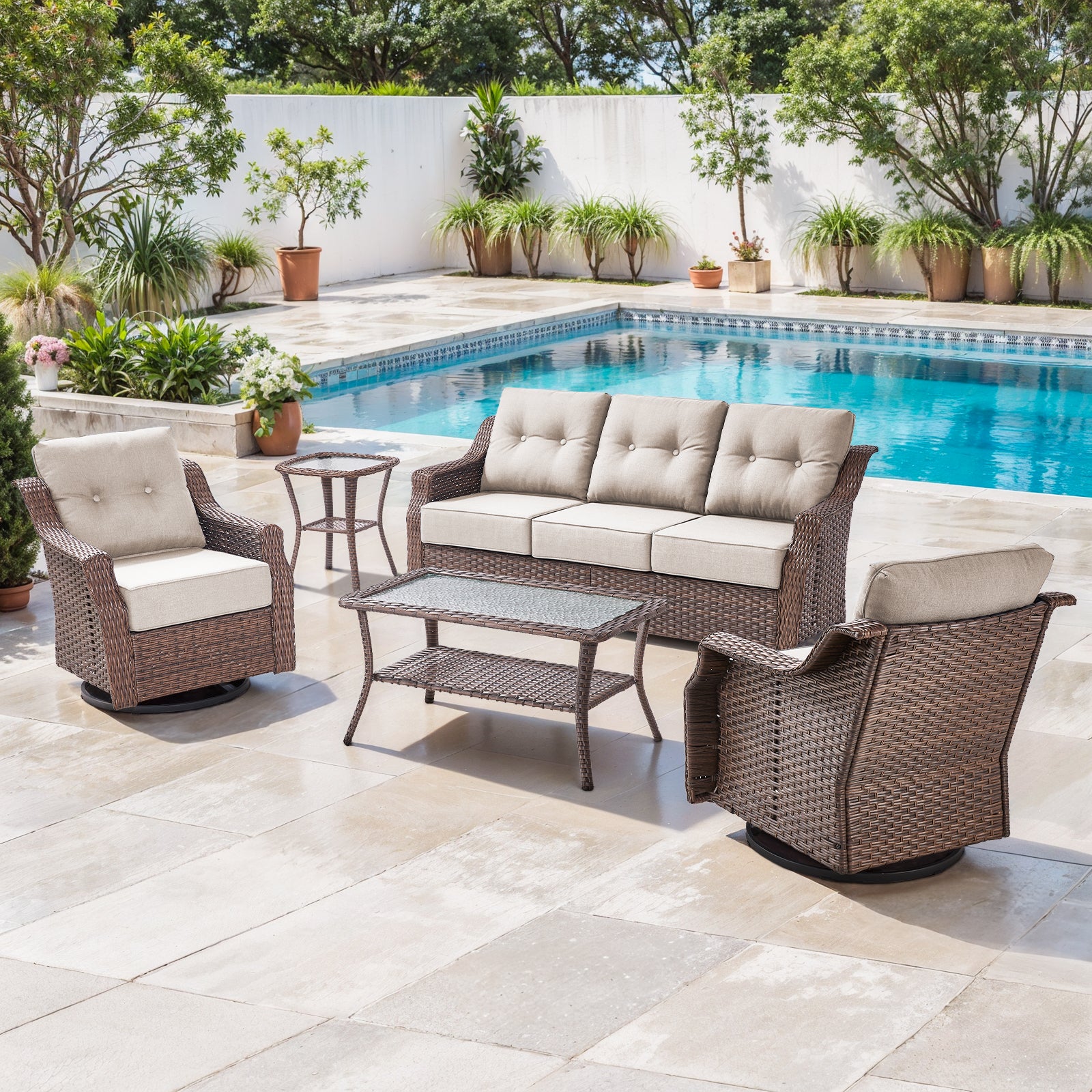 POCASSY 5PCS Brown Round Rattan Patio Furniture Set with 6" Thick Cushion, Outdoor Lounge Set with Swivel Chairs and Two-Tier Patio Coffee Table, Ideal Furniture Set for Porch Garden