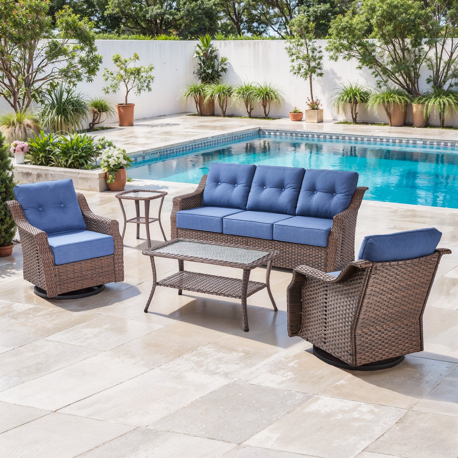 POCASSY 5PCS Brown Round Rattan Patio Furniture Set with 6" Thick Cushion, Outdoor Lounge Set with Swivel Chairs and Two-Tier Patio Coffee Table, Ideal Furniture Set for Porch Garden